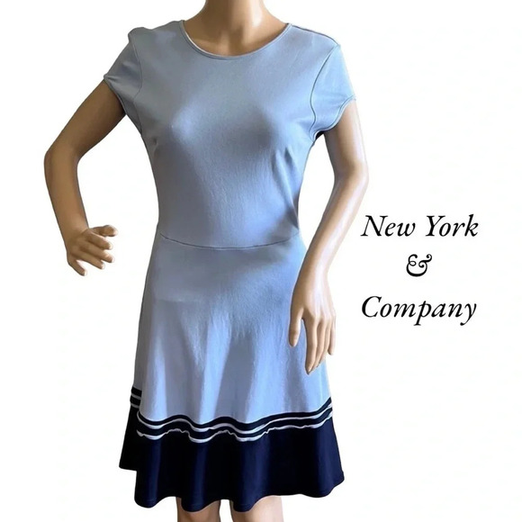 New York & COMPANY dress sz S,Blue striped color block cotton fit & flare  EC - Picture 1 of 11